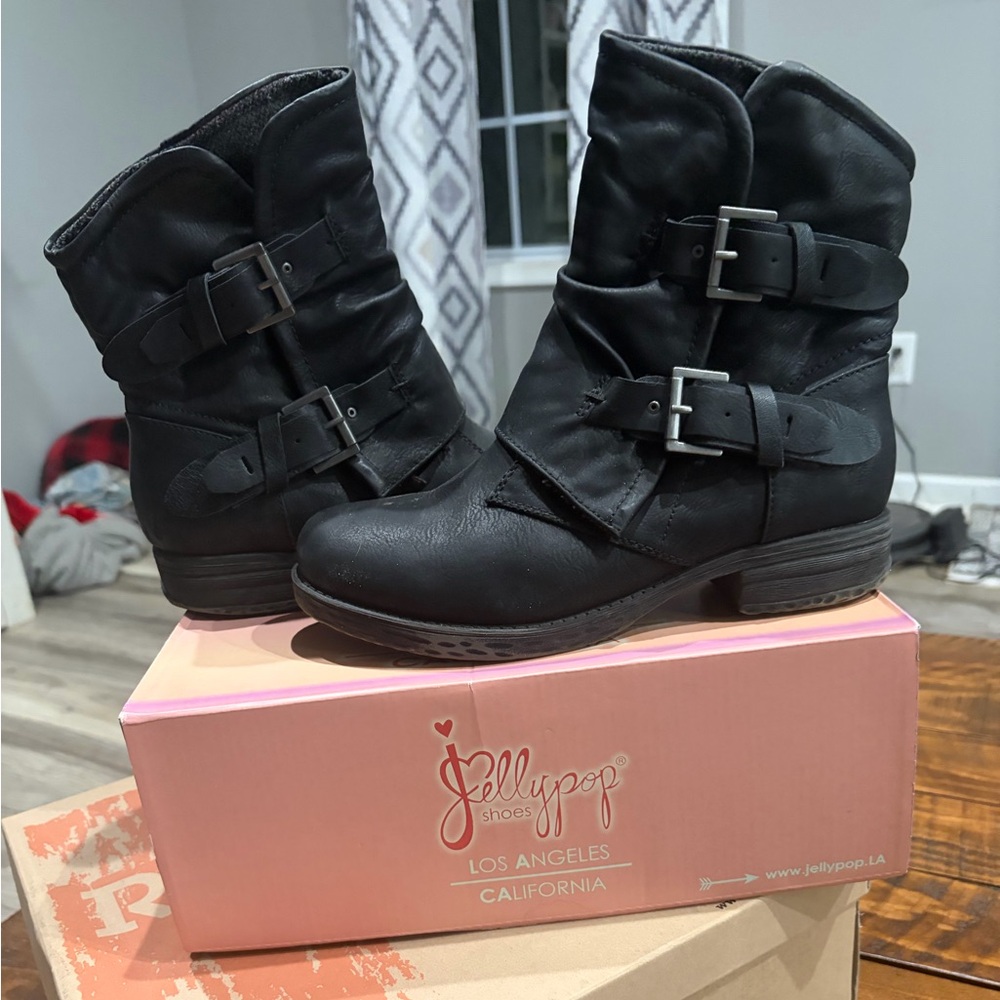 Jellypop Black Dual-Buckle Combat Ankle Boots